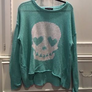 Mint Green Skull Print, Cropped Sweater - Large